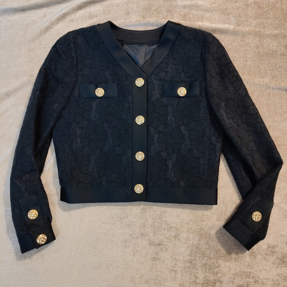 Little Black Lace Jacket with Gold Rhinestone Buttons, Size 4